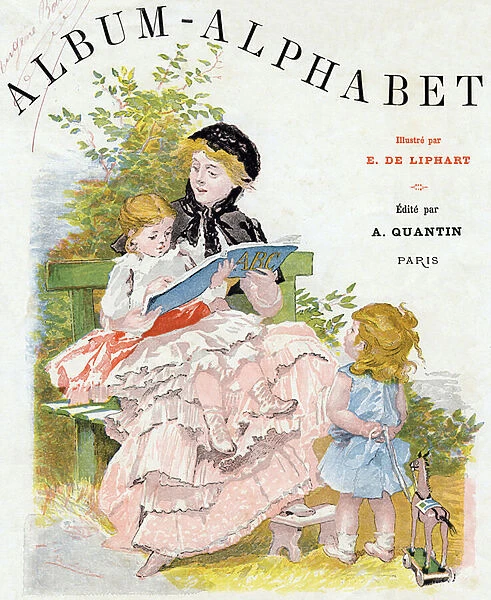 Title page of the book 'Album-Alphabet'. A. Quinn, Printer-Publisher, 1885. Illustrations by Baron Ernest de Liphart (1847-1934). 28 pages. Engraving. Dim: 29x22, 5cm. Private Collection