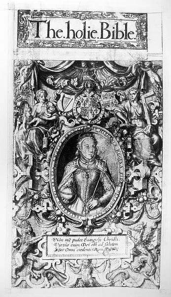 Titlepage of the Bishops Bible, pub. in 1568 (engraving) (b  /  w photo)