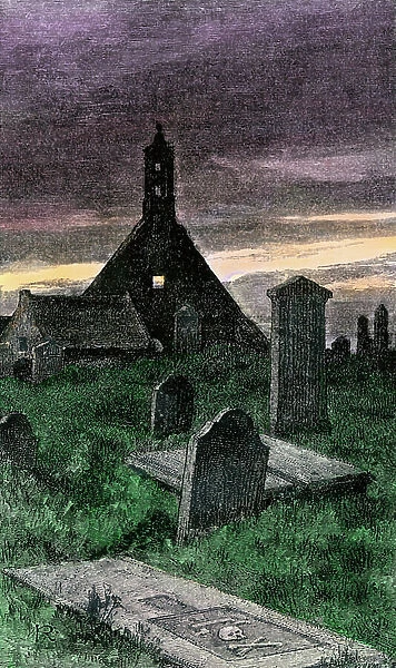 Tombs around the Protestant Parish Church of Boyndy (Scotland). Coloured engraving, 19th century