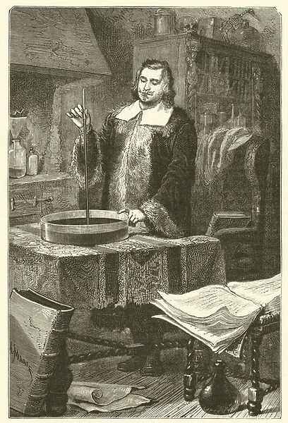 Torricelli inventing the barometer (engraving)