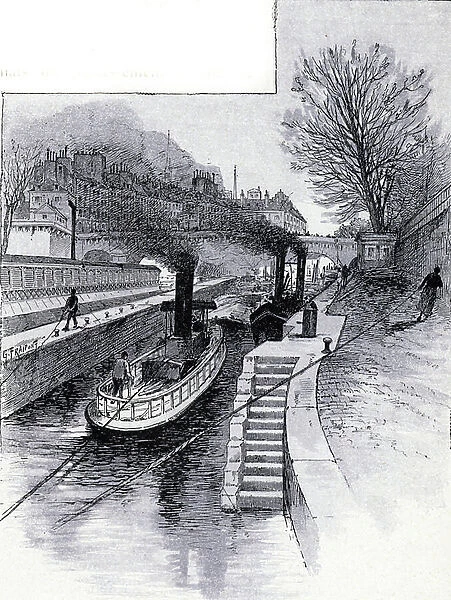 Towboats of the lock on the Seine river in front of the Hotel des Monnaie, Paris Drawing by Gustave Fraipont (1849-1923) from Saint-Juirs, 1890 Collection privee