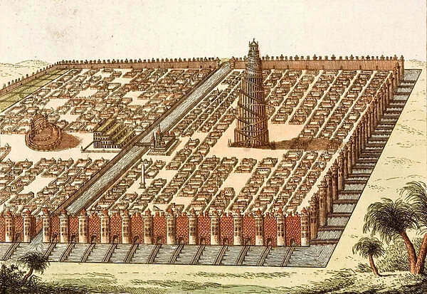 Tower of Babel, Royal Palace and Hanging Gardens of Bablyon (coloured engraving)