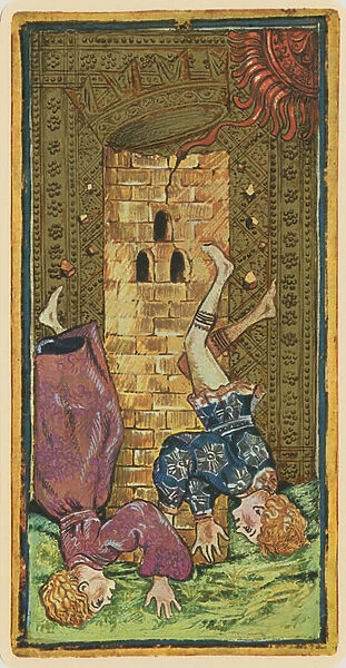 The Tower, fascimile of a tarot card from the Visconti deck