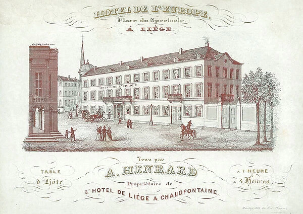 Trade card for the Hotel de l'Europe, Liege (coloured engraving)