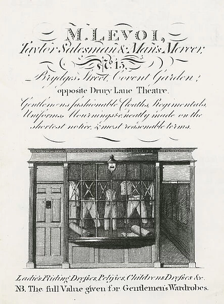 Trade card of M. Levoi, Taylor, Salelsman & Mans Mercer, Brydges Street