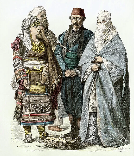 Traditional costumes of the Middle East: Couple of the Ottoman Empire, man of Edirne, and veiled woman from Thessaloniki in Greece (Orthodox Greece). Colour engraving of the 19th century