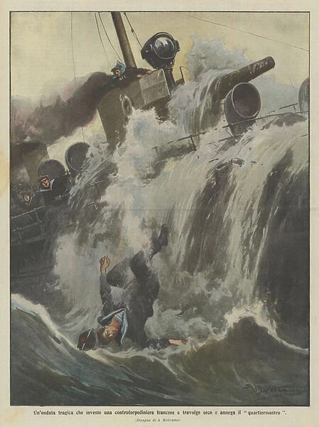 A tragic wave that hits a French counter-torpedo boat and overwhelms with it and drowns the quartermaster (colour litho)