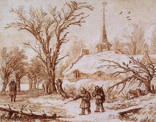 Travellers on a Road near a Village in Winter (chalk, pen, ink and wash)