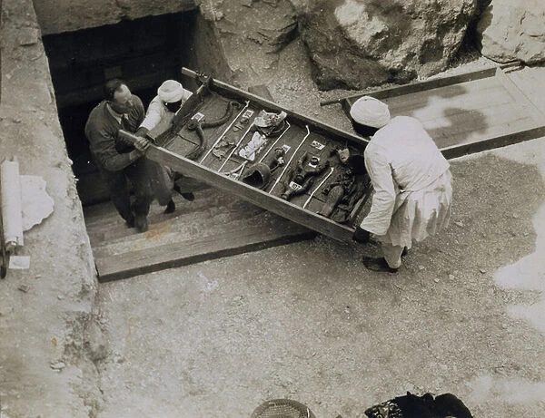 A tray of chariot parts being removed from the Tomb of Tutankhamun, Valley of the Kings, 1922 (gelatin silver print)