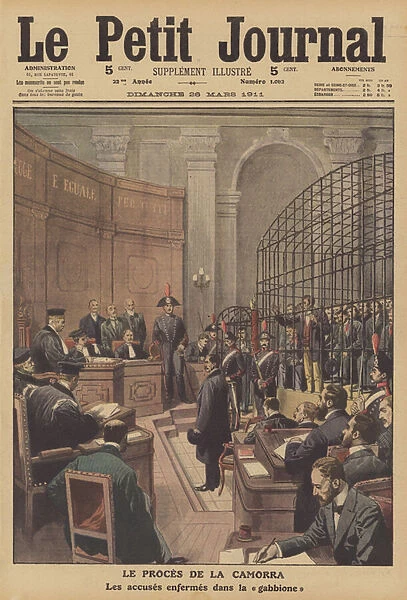 Trial of members of the Camorra in Viterbo, Italy (colour litho)