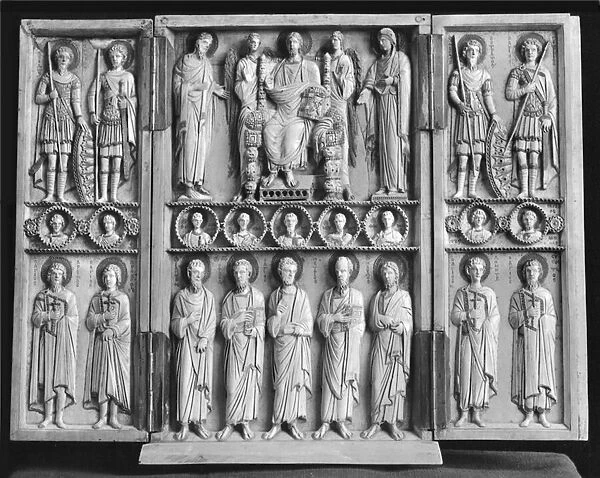 Triptych depicting Christ Enthroned with the Virgin, St. John the Baptist and other saints (ivory) (b  /  w photo) (see 213281)
