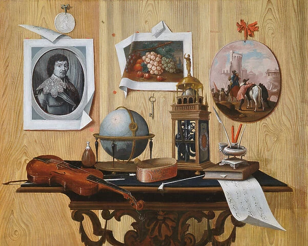 Trompe l oeil of a print and two paintings, a key, a violin, a globe, a clock