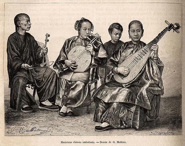 A troupe of Chinese travelling musicians, in a singing cafe by Tai Ping Shan, engraving after a drawing by O. Mathieu, illustrating the journey to China, by J