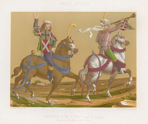 Trumpeter and the King of Arms calling for the start of the tournament (chromolitho)