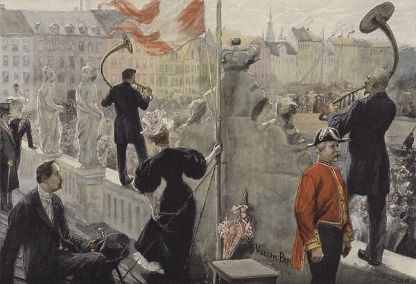 Trumpeters on the Roof of the Ethnographic Museum in Copenhagen on Midsummers Day (colour litho)