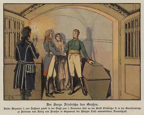 Tsar Alexander I of Russia visiting the tomb of Frederick the Great at Potsdam with King Frederick William III and Queen Louise of Prussia and swearing his unswerving friendship, 5 November 1805 (colour litho)
