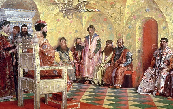 Tsar Mikhail Fyodorovich (1596-1645) with Boyars Sitting in His Room, 1893 (oil