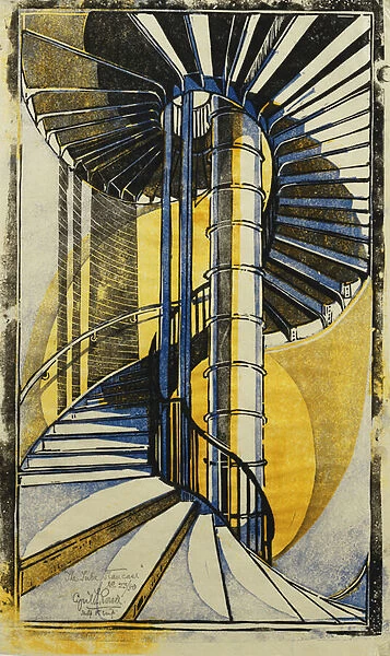 The Tube Staircase, c. 1930 (linocut printed in colours on tissue Japan)