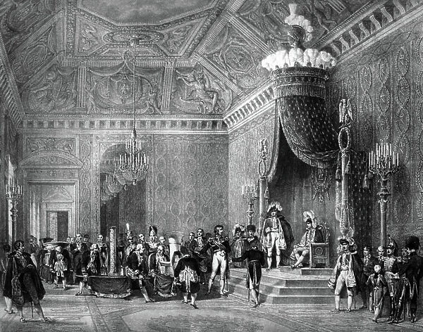 At the Tuileries palace in Paris, presentation to French emperor Napoleon 1st of presnets from russian court on october 1808 (after Congress of Erfurt), engraving by Motte after Vathier and Courtin