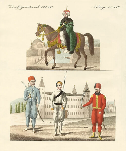 The Turkish sultan Mahmud and his new troups (coloured engraving)