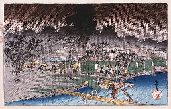 Twilight Shower at Tadasu Bank, from the series Famous Places of Kyoto Ando Hiroshige (1797-1858) (colour woodblock print)