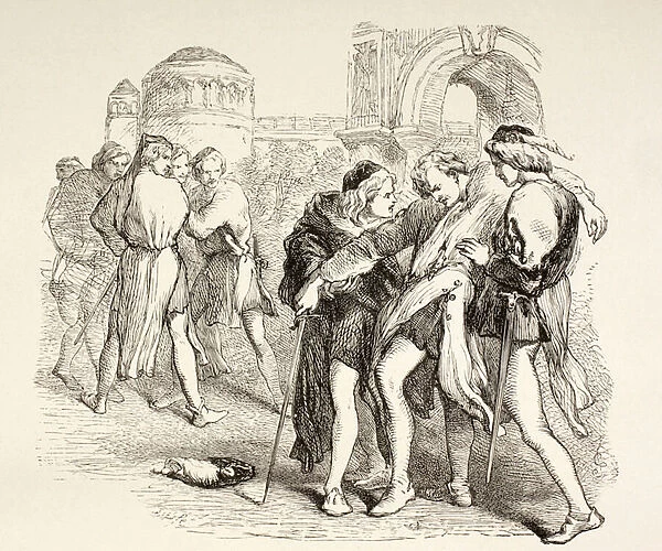 Tybalt is fatally wounded by Romeo, illustration from Romeo and Juliet, from The Illustrated Library Shakespeare, published London 1890 (litho)