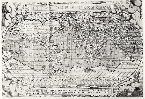 Typus Orbis Terrarum, world map, 1577 (engraving) (b&w photo)