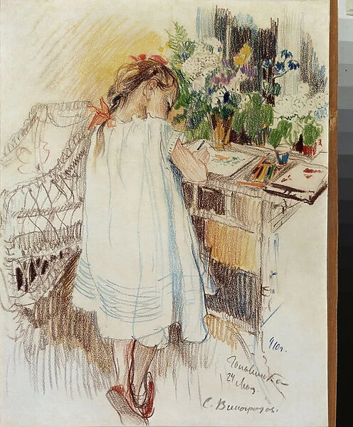 Une petite (A Little One) - Oeuvre de Sergei Arsenyevich Vinogradov (1869-1938), crayon de couleur sur papier, 1910, art russe 20e siecle, modernisme - State Art Museum, Nijni Novgorod (Russie)