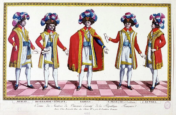 Uniformed members of the (Directoire), Directory, or Directorate, a five-member committee which governed France from 1795 to 1799 (engraving)