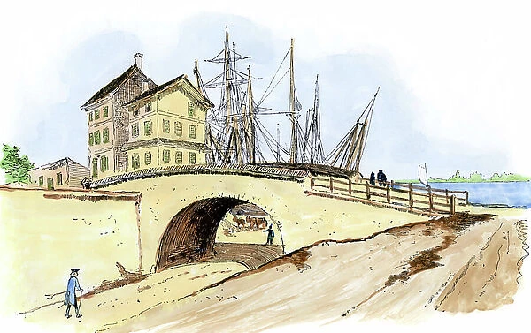 United States, Pennsylvania: Bridge over the waterfront in Philadelphia, years 1700. Colour engraving of the 19th century