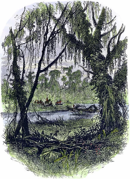 United States, State of Georgia: first settlers settled in a wild marecagous landscape, colonial Georgia, years 1700. Engraved color of the 19th century