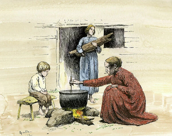 United States, State of Georgia: Woman cracker cooking in a cauldron in front of their house, late 1800s. Colour engraving of the 19th century