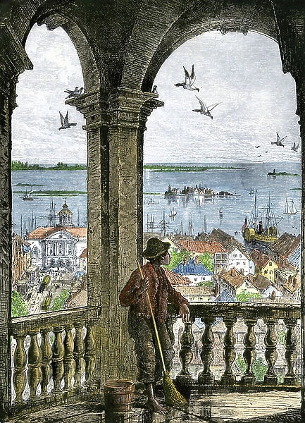 United States, State of South Carolina: Port of the city of Charleston seen from the belfry of the Church of St. Michael, years 1880. Colour engraving of the 19th century