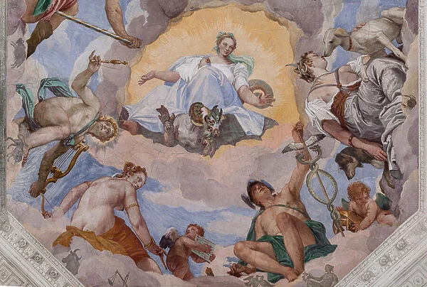 Universal Harmony surrounded by gods: Zeus with an eagle, Mars, Apollo with the lyre, Venus, Mercury with caduceus, Diana with dogs, and Saturn, the central octagon of the Hall of Olympus, 1560-1561 (fresco)