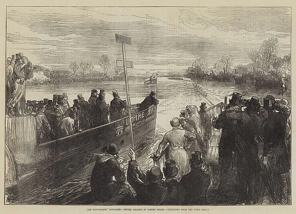 The Universities Boat-Race, Oxford leading at Corney Reach (engraving)