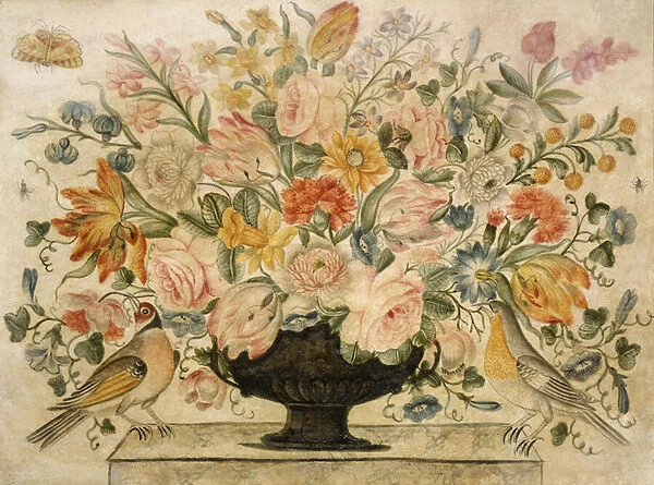 An urn containing flowers on a ledge with two birds, 1600 (w  /  c with gouche on paper)