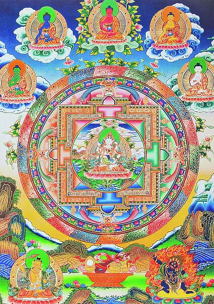 Vajrasattva, Mandala, depicting the self created tantric Buddha without any beginning or end in an eternal embrace with prajna wisdom (gouache on cloth)