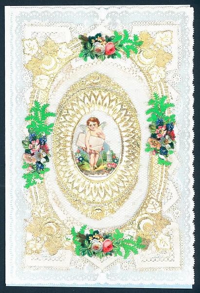 Valentines Day card with Cupid holding a letter (chromolitho)