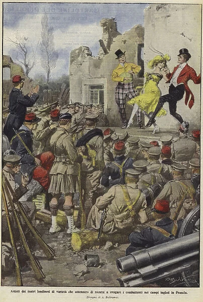 Variety performers of London theatres entertaining the British troops in camps in France (colour litho)