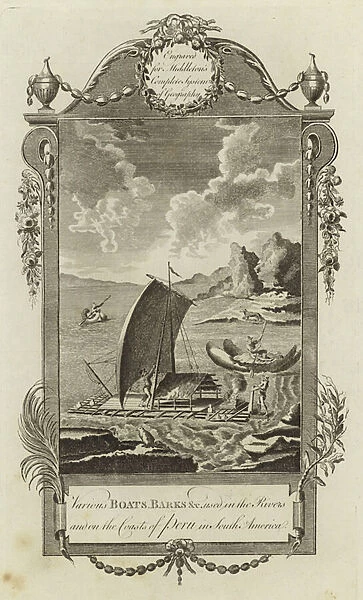 Various boats, barks, etc, used in the rivers and on the coasts of Peru in South America (engraving)