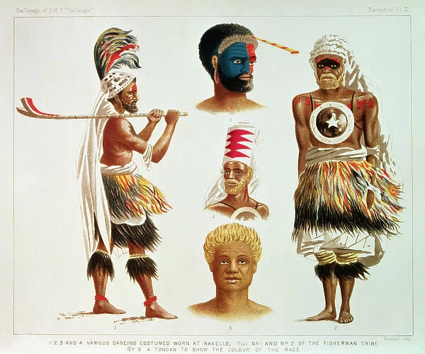 Various Dancing Costumes Worn at Nakello, Fiji, illustration from The Voyage of H
