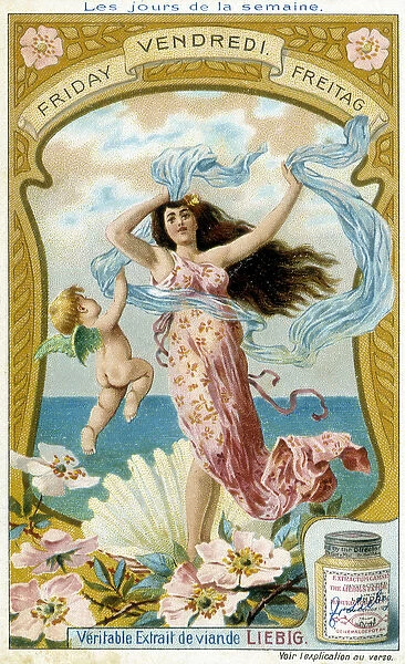 Venus illustrates Friday. Liebig chromolithographic advertising card