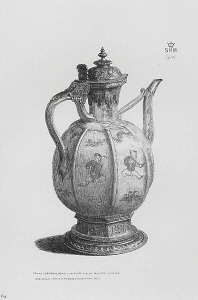 Victoria And Albert Museum: Tea-pot, oriental porcelain, white and blue, mounted in silver, Eng work, 1585 (engraving)