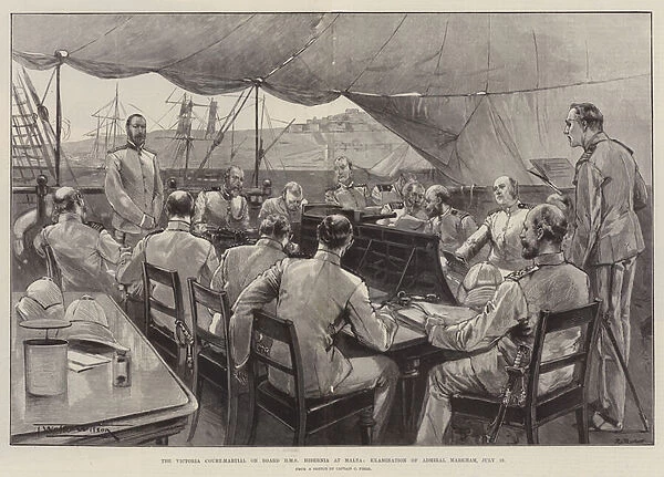 The Victoria Court-Martial on Board HMS Hibernia at Malta, Examination of Admiral Markham, 19 July 1893 (engraving)