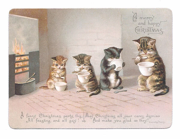 A Victorian Christmas card of cats and kittens near a fireplace drinking from bowls with