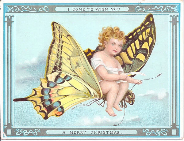 A Victorian Christmas card of a child flying on a butterfly, c. 1920 (colour litho)