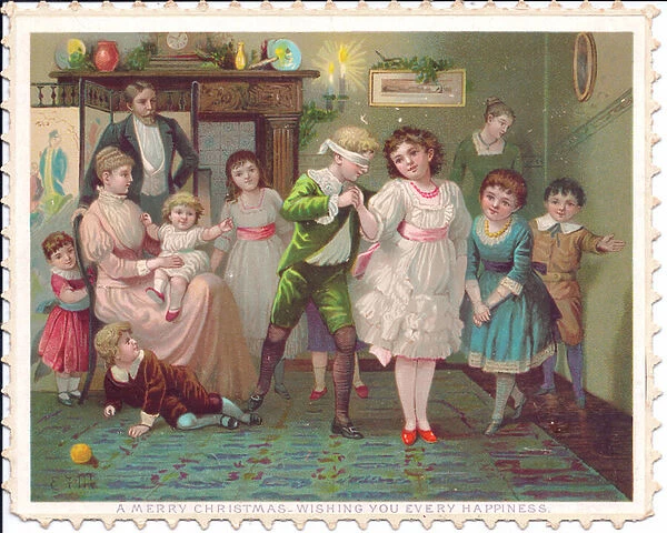 A Victorian Christmas card of children playing blindsman buff, c