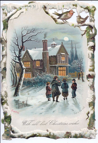 A Victorian Christmas card of four people approaching a mansion on a snowy moonlit night