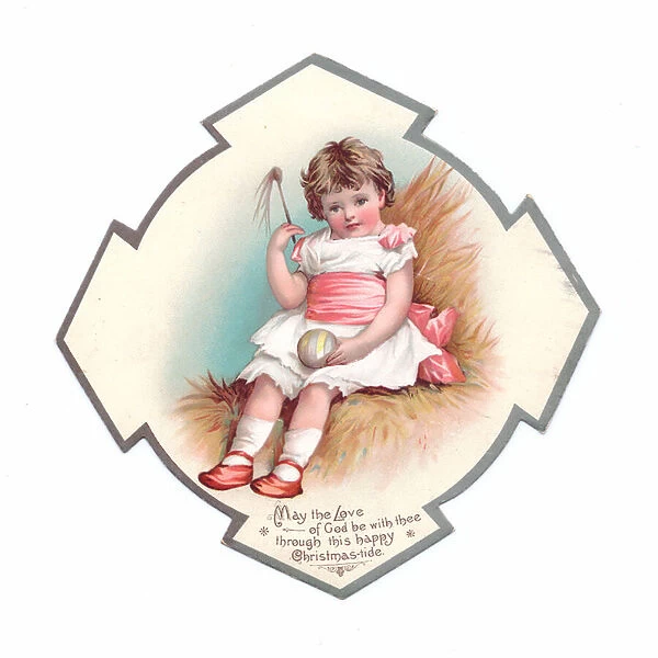A Victorian Die-cut shape Christmas card of a young girl with a ball on her lap, c