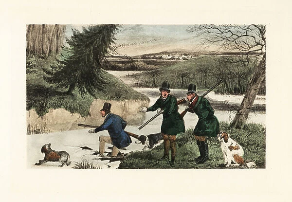 Victorian gentlemen hunting ducks with guns and dogs on a frozen, 1900 (chromolithograph)